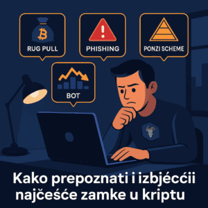 Investitor u tamnoj sobi analizira kako prepoznati i izbjeći najčešće zamke u kriptu, uz upozorenja na rug pull, phishing i ponzi sheme