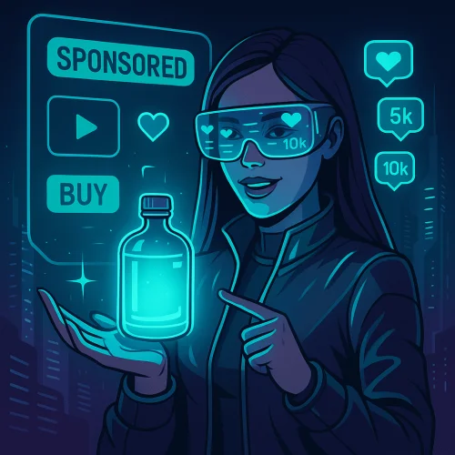 Futuristička žena s AR naočalama i hologramskim oglašavanjem proizvoda u neon stilu.