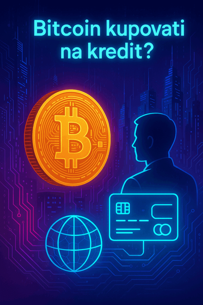 Kupiti Bitcoin na kredit? Ilustracija kriptovaluta i financija.