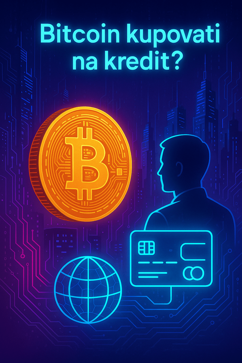 Kupiti Bitcoin na kredit? Ilustracija kriptovaluta i financija.