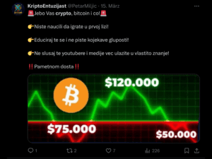Bitcoin volatilnost, kritika kripto zajednice, snažna poruka o edukaciji i rizicima ulaganja.