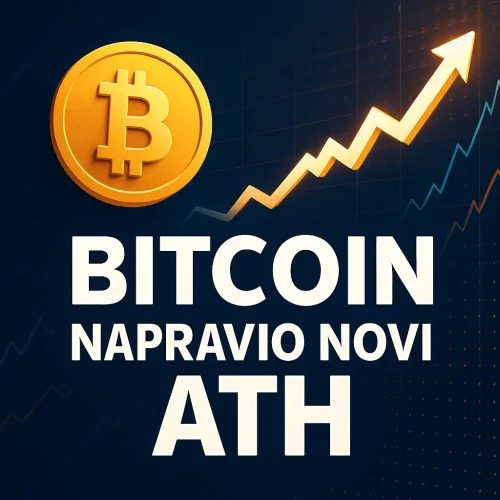 Bitcoin dosegao novi ATH, grafikon rasta, zlatni BTC simbol, rekordna cijena kriptovalute.