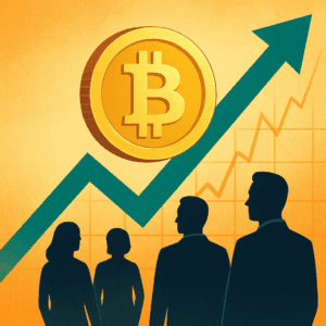 Rast cijene Bitcoina prikazan zlatnim novčićem, uzlaznom strelicom i poslovnim ljudima.