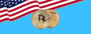 Američka zastava i Bitcoin zlatnici, kriptovaluta u SAD, digitalna valuta, simbol financija.