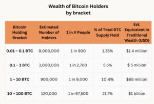 Tablica raspodjele bogatstva bitcoin vlasnika po kategorijama sa statistikom i procjenama vrijednosti.