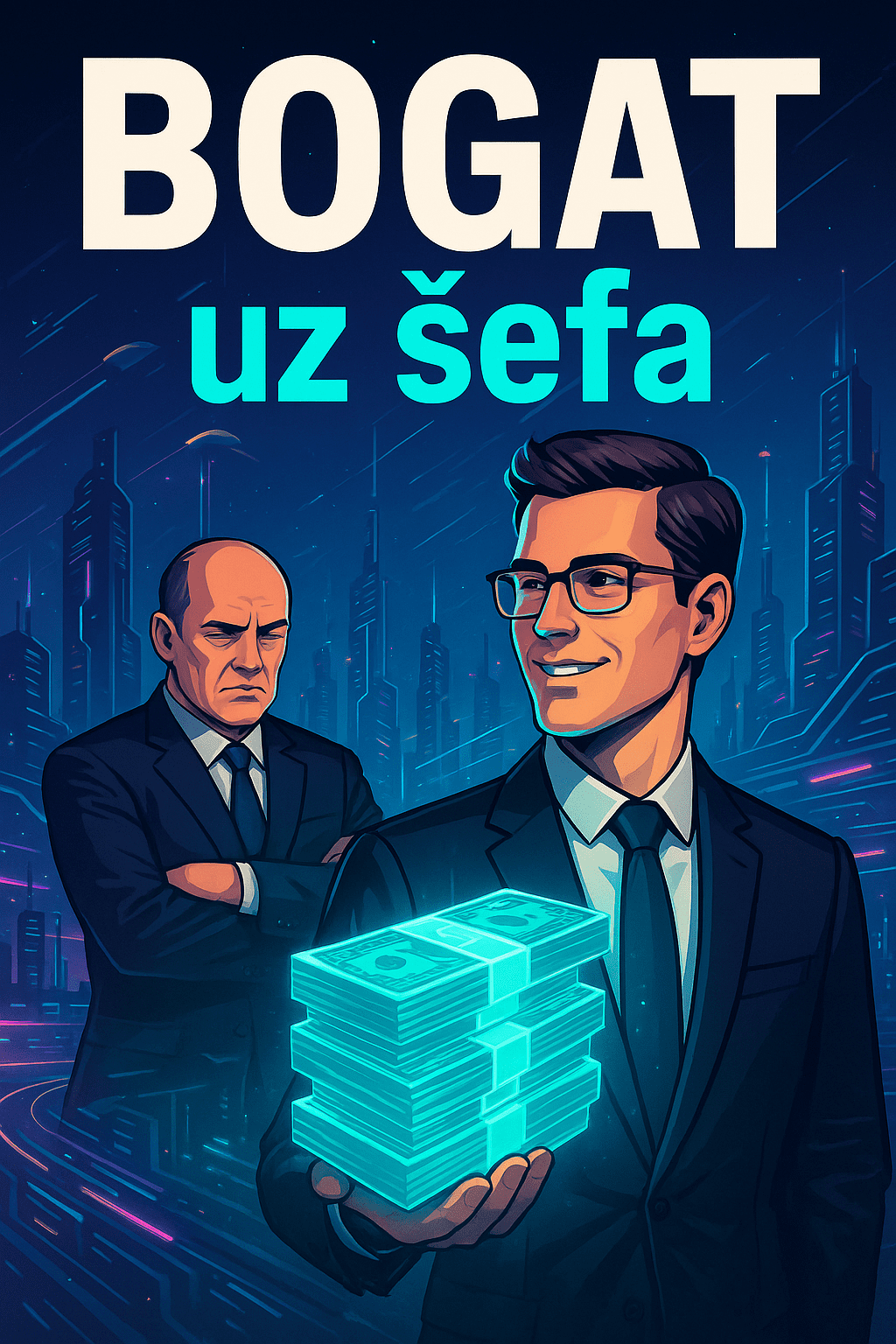 Bogati poslovni ljudi s novcem u gradu budućnosti.