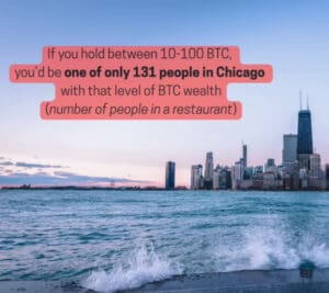Čikaški horizont, jezero Michigan, BTC bogatstvo statistika, vrijednost Bitcoina u Chicagu.