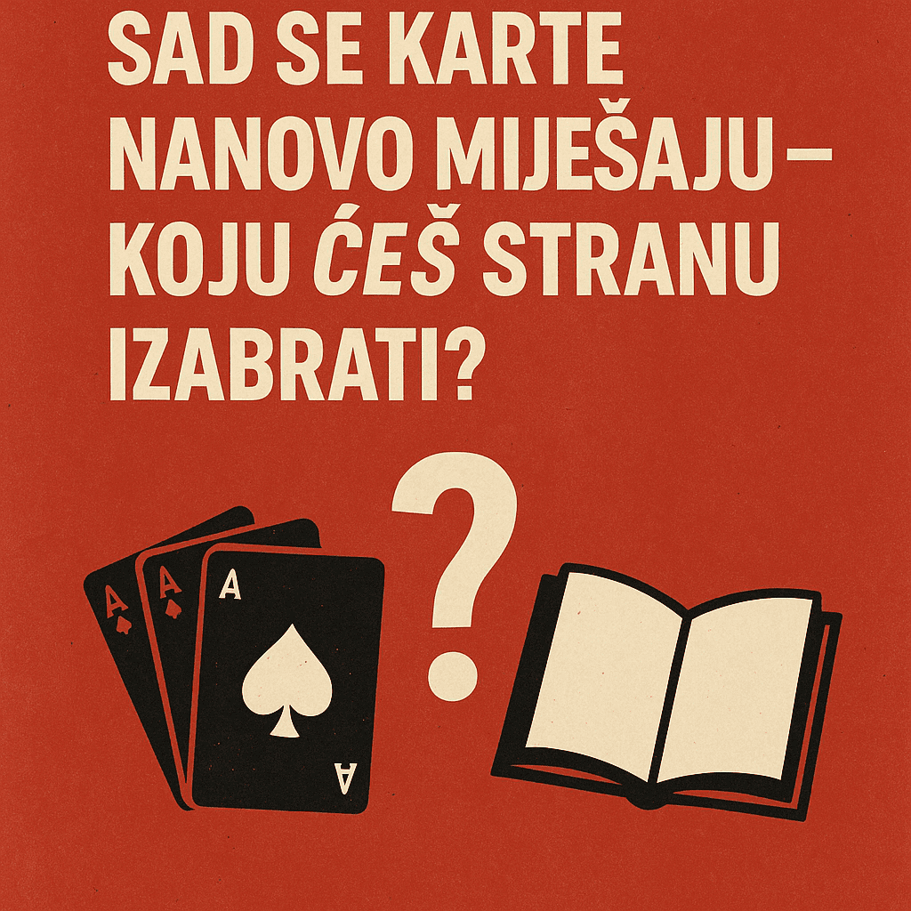 Izbor između sreće i znanja: igraće karte, knjiga i upitnik na crvenoj podlozi.