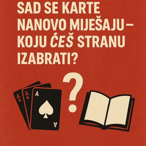 Izbor između sreće i znanja: igraće karte, knjiga i upitnik na crvenoj podlozi.