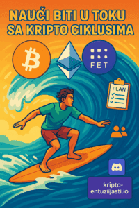 Ilustracija: Surfer uči kripto cikluse uz Bitcoin, Ethereum.