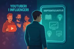 Čovjek gleda digitalni zaslon o kriptovalutama, YouTuberi i influenceri podržavaju edukaciju.