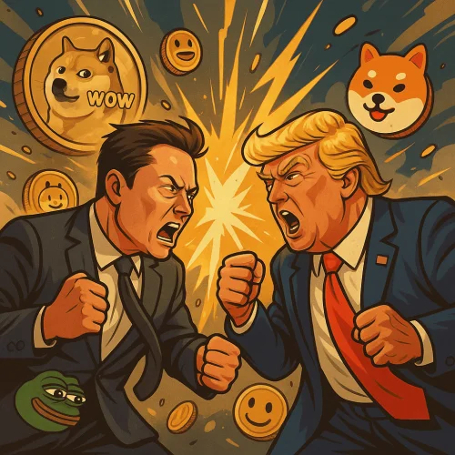 Dvoje muškaraca u kripto meme bitci, Dogecoin, Shiba Inu, Pepe simboli, karikatura.