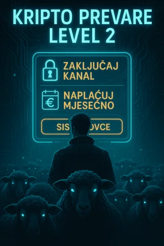 Digitalni poster o kripto prevarama: neon tekst, šišanje ,ovce
