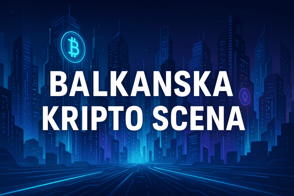 Balkanska kripto scena, digitalni futuristički grad, Bitcoin i Ethereum simboli.