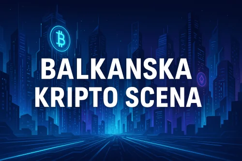 Balkanska kripto scena, digitalni futuristički grad, Bitcoin i Ethereum simboli.