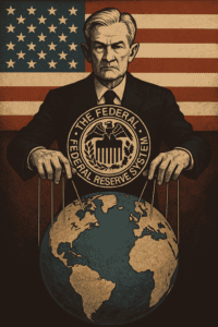 Ilustracija Federalnih Rezervi SAD kao lutkara koji upravlja svijetom, američka zastava u pozadini.