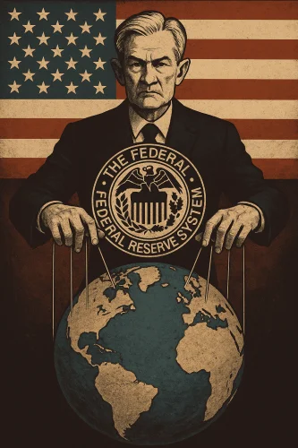Ilustracija Federalnih Rezervi SAD kao lutkara koji upravlja svijetom, američka zastava u pozadini.što je stvarni plan