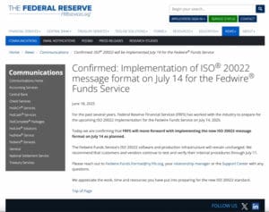 Potvrda Federal Reserve o primjeni ISO 20022 Fedwire od 14. srpnja 2025.
