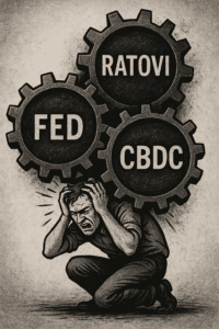 Ilustracija čovjeka pod pritiskom FED, ratova i CBDC, simbolizira financijski stres.