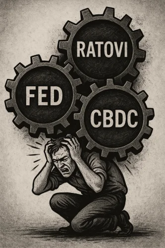 Ilustracija čovjeka pod pritiskom FED, ratova i CBDC, simbolizira financijski stres.ekonomske krize