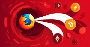 Firefox logo sa kriptovalutama Bitcoin i Ethereum na apstraktnoj crvenoj pozadini, digitalna integracija.