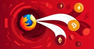 Firefox logo sa kriptovalutama Bitcoin i Ethereum na apstraktnoj crvenoj pozadini, digitalna integracija.