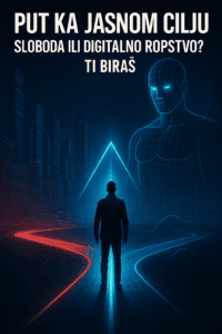 Digitalno raskrižje: sloboda ili digitalno ropstvo, čovjek bira put u futurističkom gradu.