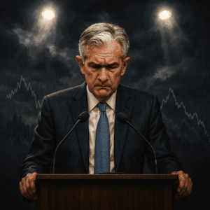 Muškarac na govornici, ekonomska kriza i recesija, oluja, padajući grafikoni.