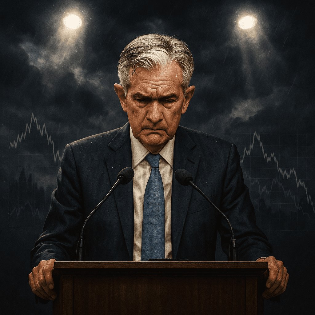 Muškarac na govornici, ekonomska kriza i recesija, oluja, padajući grafikoni.