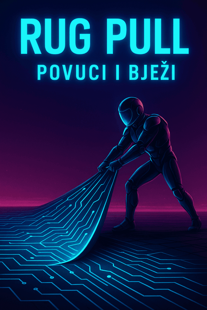 Rug pull prijevara: Figura vuče tlo strujnog kruga digitalno.