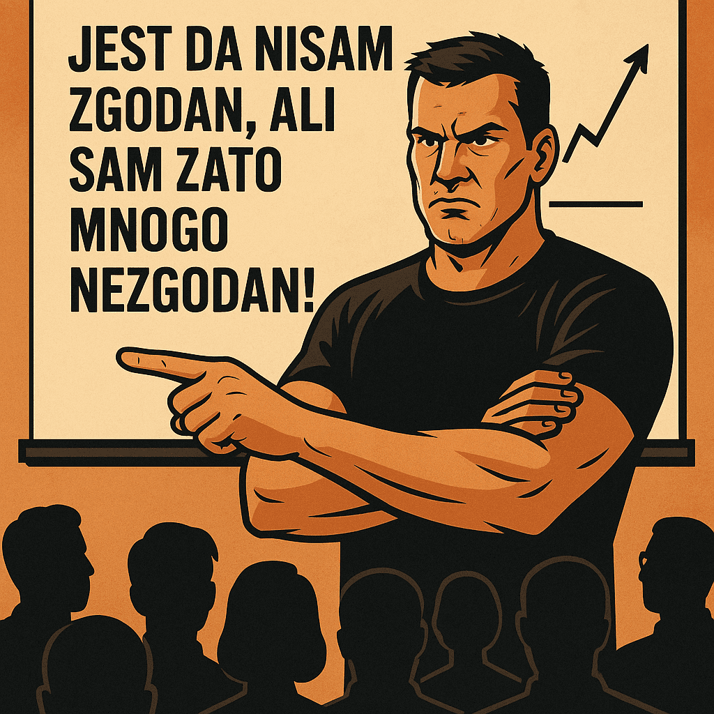 Čovjek s prekriženim rukama govori smjelo na javnom govoru.