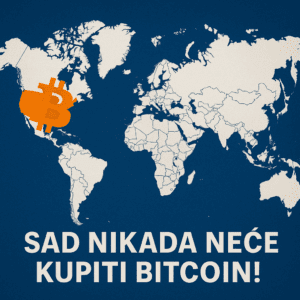 Karta svijeta s Bitcoin simbolom preko SAD-a i porukom SAD nikada neće kupiti Bitcoin!.