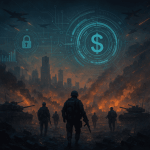 Vojnici u ratu, razrušeni grad i digitalni simboli novca.