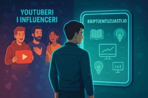 Čovjek gleda digitalni zaslon o kriptovalutama, YouTuberi i influenceri podržavaju edukaciju.