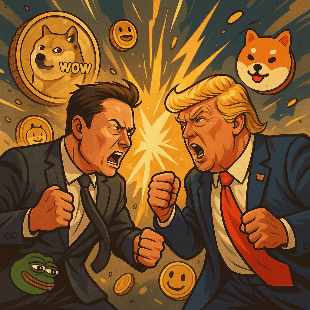 Dvoje muškaraca u kripto meme bitci, Dogecoin, Shiba Inu, Pepe simboli, karikatura.