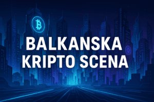 Balkanska kripto scena, digitalni futuristički grad, Bitcoin i Ethereum simboli.