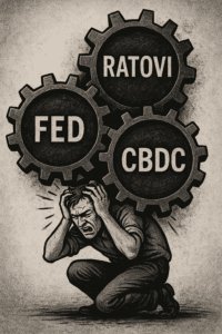 Ilustracija čovjeka pod pritiskom FED, ratova i CBDC, simbolizira financijski stres.