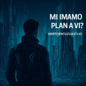 Futuristički cyberpunk grad i muškarac s neonskim uzorkom, Kripto entuzijasti plan A.