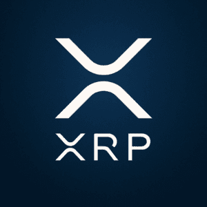 XRP logo bijela na tamnoplavoj podlozi, moderan dizajn, kriptovaluta, blockchain tehnologija.