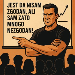 Čovjek s prekriženim rukama govori smjelo na javnom govoru.