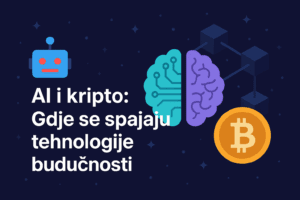 Ilustracija prikazuje spoj umjetne inteligencije i kriptovaluta kroz simbole robota, mozga i Bitcoina povezanih blockchain mrežom, na tamnoj pozadini budućnosti.