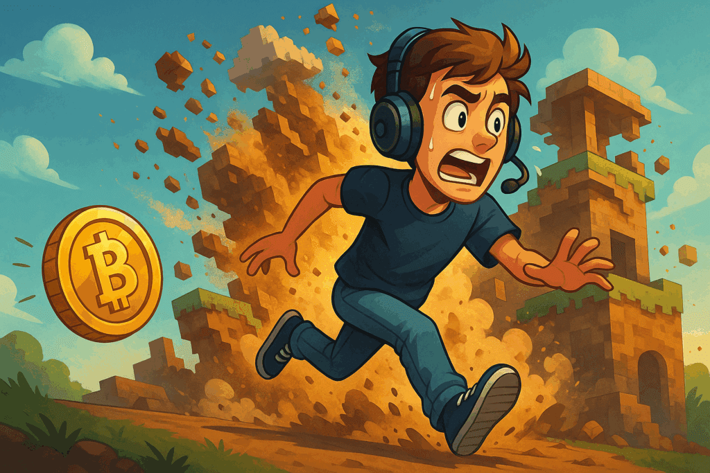 Igrač trči za tokenom dok se igra iza njega ruši, simbolizirajući kontrast između zarade i zabave unutar GameFi sektora.