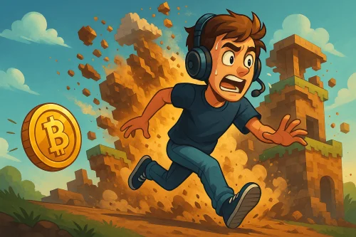 Igrač trči za tokenom dok se igra iza njega ruši, simbolizirajući kontrast između zarade i zabave unutar GameFi sektora.