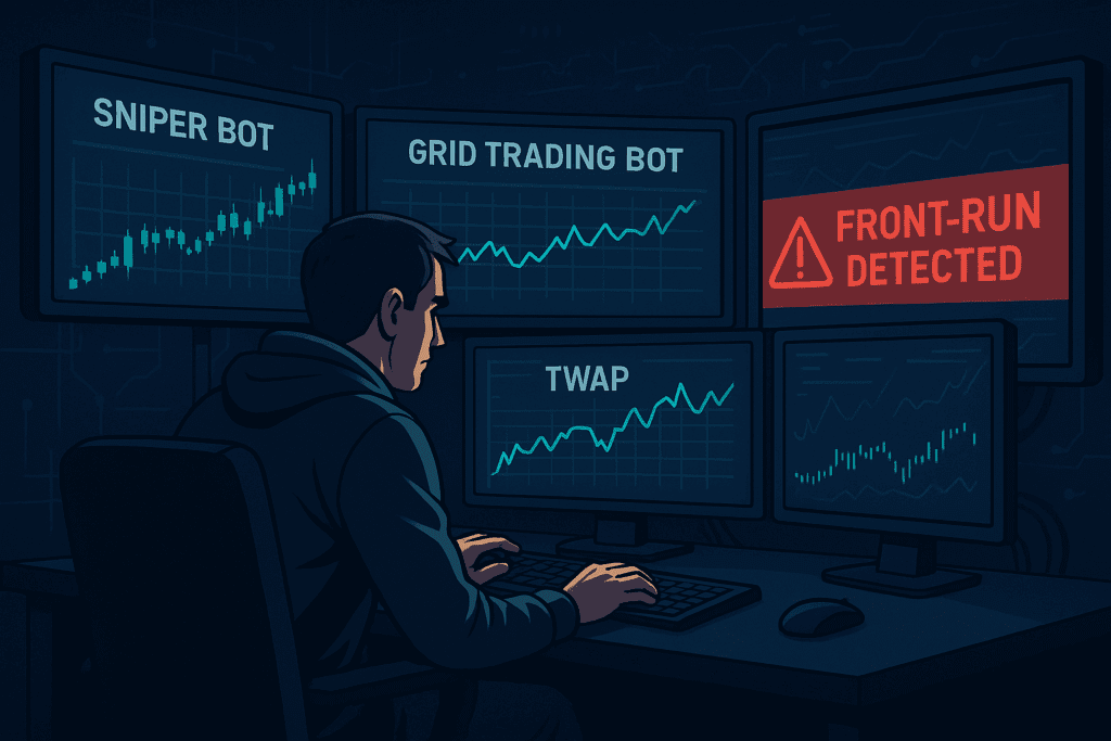 Animirana ilustracija trgovca koji promatra više monitora sa snajperskim botovima, grid strategijama i TWAP uzorcima dok mu u pozadini dolazi crveni alert o front-run manipulaciji. Mračna soba, visoka tehnologija, ekran s MEV logikom – prikaz svijeta automatiziranog trgovanja koji ne oprašta neznanje.kripto botovi