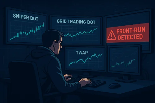 Animirana ilustracija trgovca koji promatra više monitora sa snajperskim botovima, grid strategijama i TWAP uzorcima dok mu u pozadini dolazi crveni alert o front-run manipulaciji. Mračna soba, visoka tehnologija, ekran s MEV logikom – prikaz svijeta automatiziranog trgovanja koji ne oprašta neznanje.kripto botovi