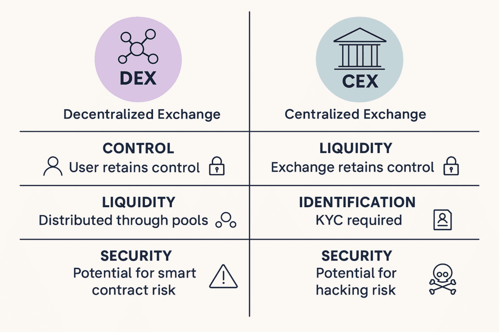 Infografika koja prikazuje razliku između DEX i CEX burzi u kripto ekosustavu – kontrola sredstava, likvidnost i sigurnost