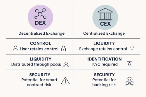 Infografika koja prikazuje razliku između DEX i CEX burzi u kripto ekosustavu – kontrola sredstava, likvidnost i sigurnost