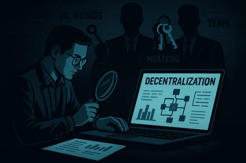 Ilustracija s investitorom koji analizira projekt dok iza njega stoje siluete VC fondova i timova s multisig ključevima.decentralizacija u kriptu