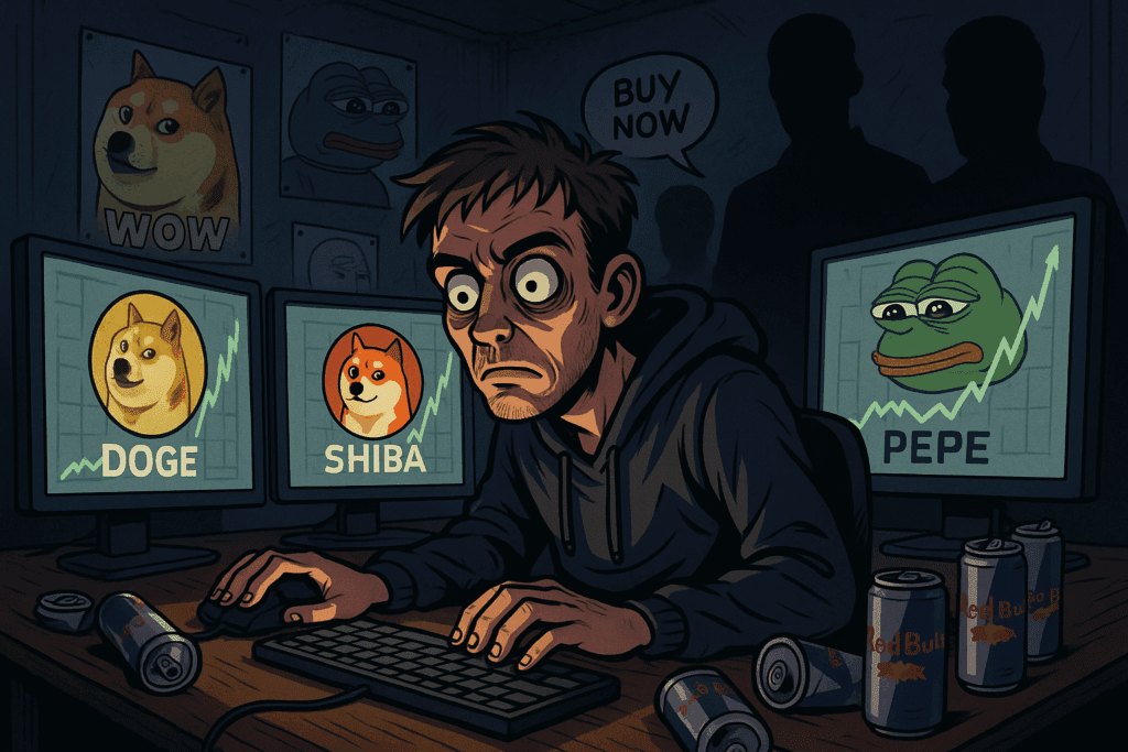 Investitor opčinjen meme kovanicama sjedi u mračnoj sobi ispred monitora s grafikama DOGE, SHIBA i PEPE tokena, dok iz sjene influenceri šapću “BUY NOW”.