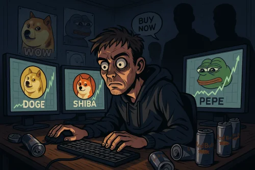 Investitor opčinjen meme kovanicama sjedi u mračnoj sobi ispred monitora s grafikama DOGE, SHIBA i PEPE tokena, dok iz sjene influenceri šapću “BUY NOW”.